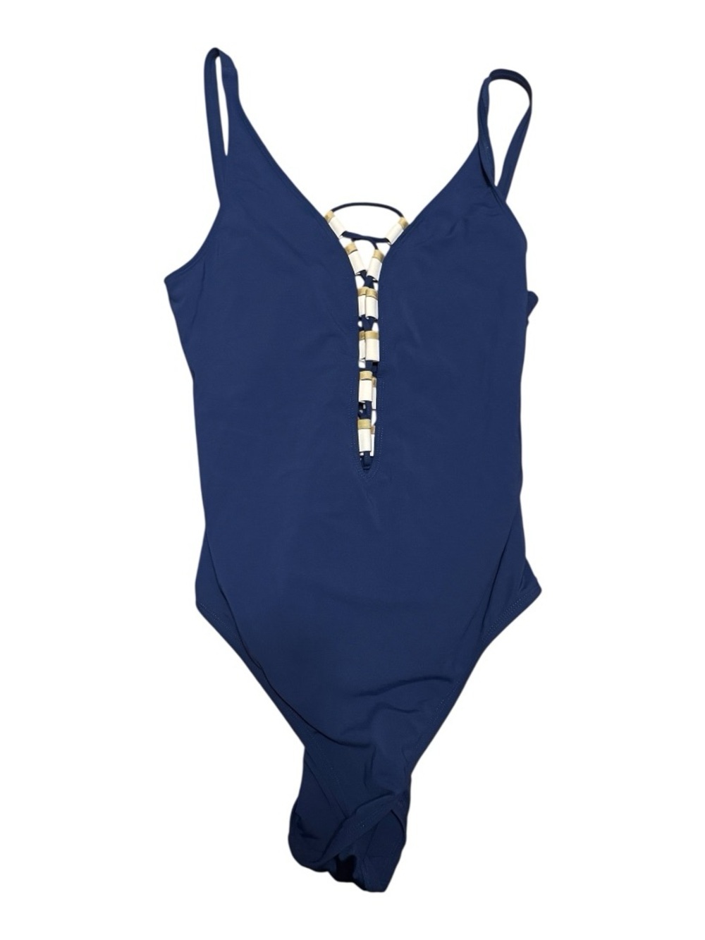 Bleu Rod Beattie Navy One Piece Swimsuit Plunge Beaded Detail Sz 8